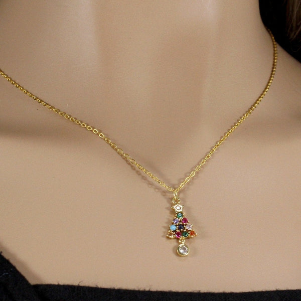 Cubic zirconia colorful Christmas tree necklace