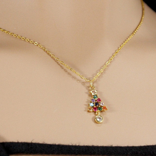 Cubic zirconia colorful Christmas tree necklace