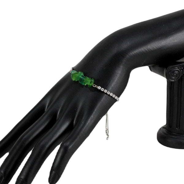 Cubic zirconia adjustable silver bracelet with green faux gemstones