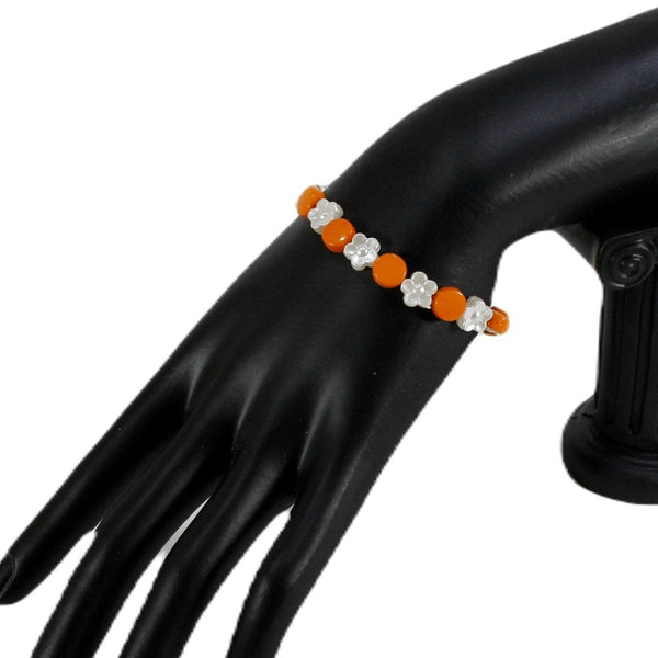 Orange with white flowers beaded stretch bracelet for women
