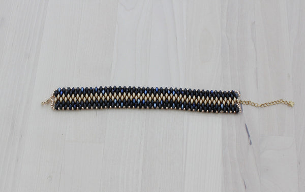 Iridescent black-blue with gold wide beaded cuff bracelet for women