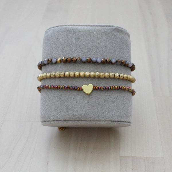 Set of 3 bracelets - golden-purple, 24K gold, and iridescent with golden heart