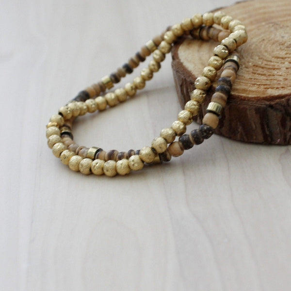 Set of two barcelets Coconut beads and 24K gold plated beaded bracelet for women