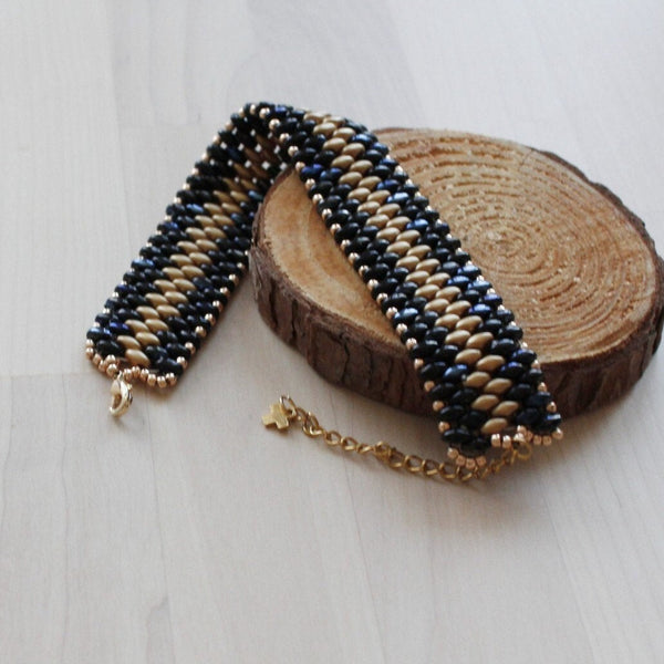 Iridescent black blue with gold wide beaded cuff bracelet for women