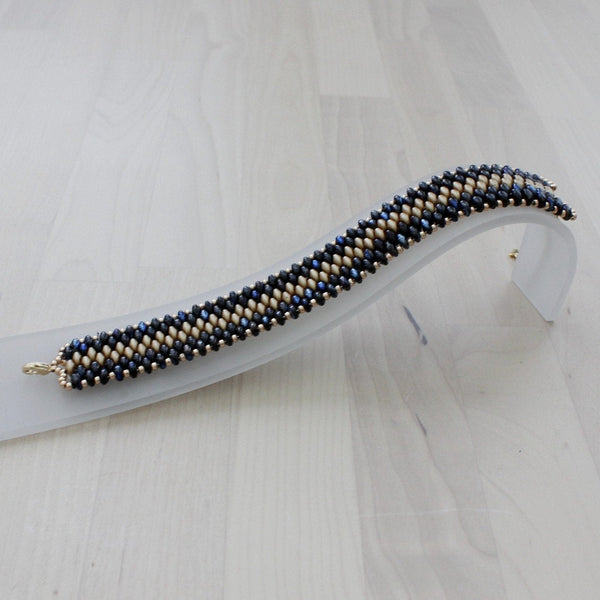 Iridescent black-blue with gold wide beaded cuff bracelet for women
