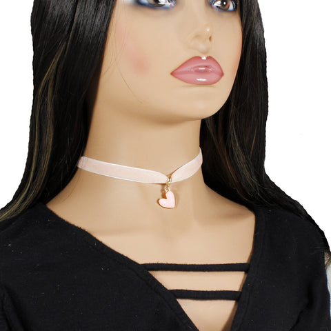 Pastel pink velvet choker with heart pendant charm for woman