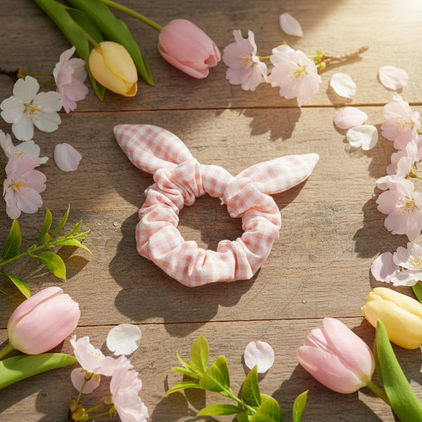 Pink gingham scrunchie with bunny ears