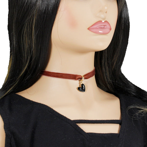 Chocolate brown velvet choker with heart pendant charm for woman