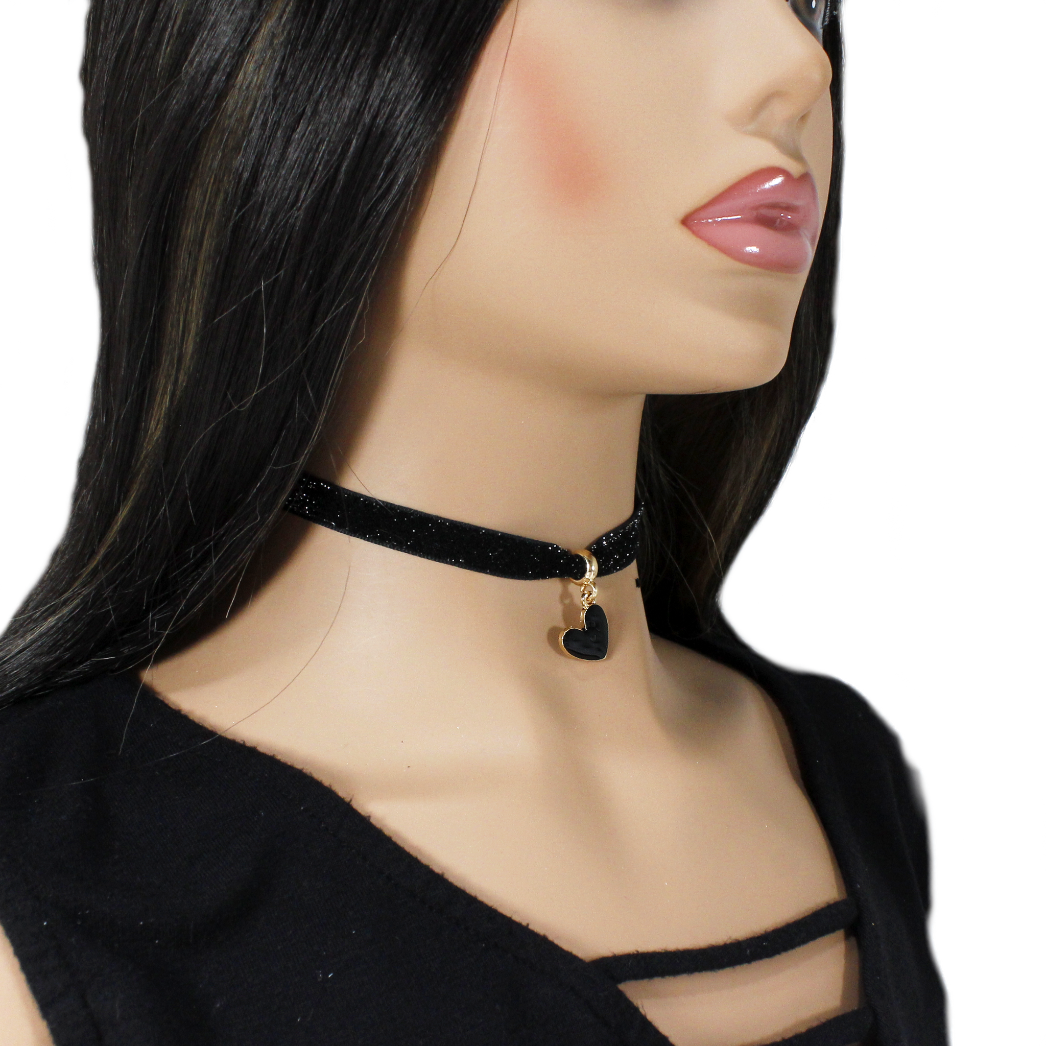 Shiny black velvet choker with black heart pendant charm