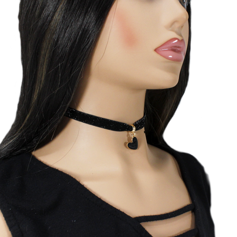 Shiny black velvet choker with black heart pendant charm