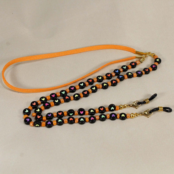 Black beads with printed colorful hearts on them, ornge sude cord for your neck comfort 