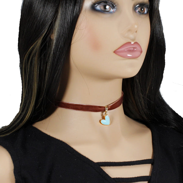 Chocolate brown velvet choker with heart pendant charm for woman