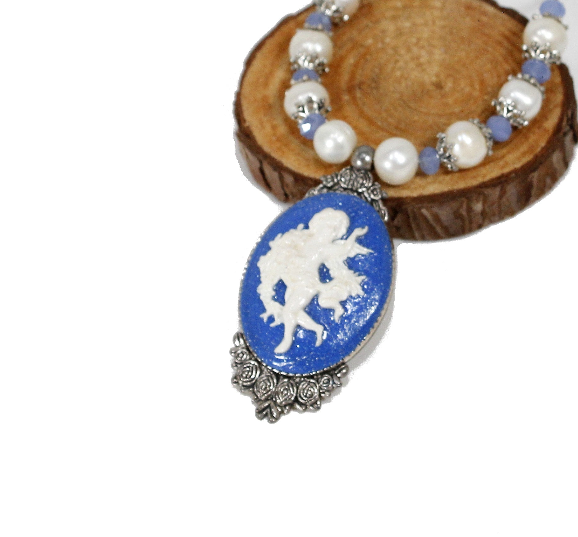 Blue and white cameo necklace