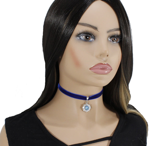 Royal blue velvet choker with blue cubic zirconia snowflake pendant