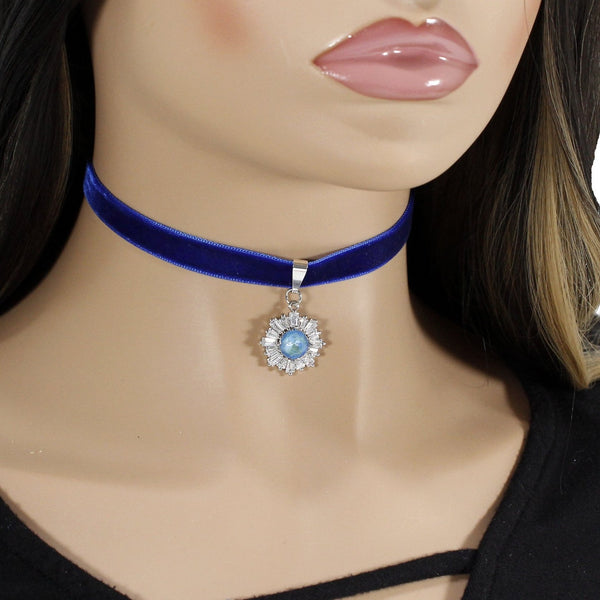 Royal blue velvet choker with blue cubic zirconia snowflake pendant