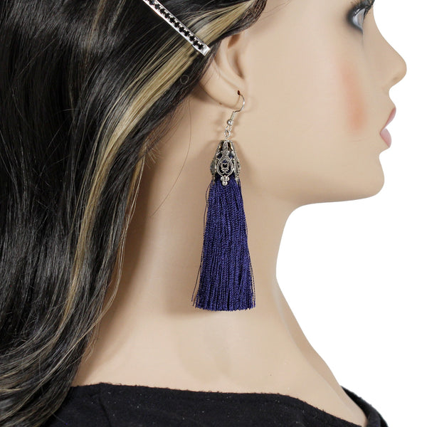 Dark blue long tassel earrings