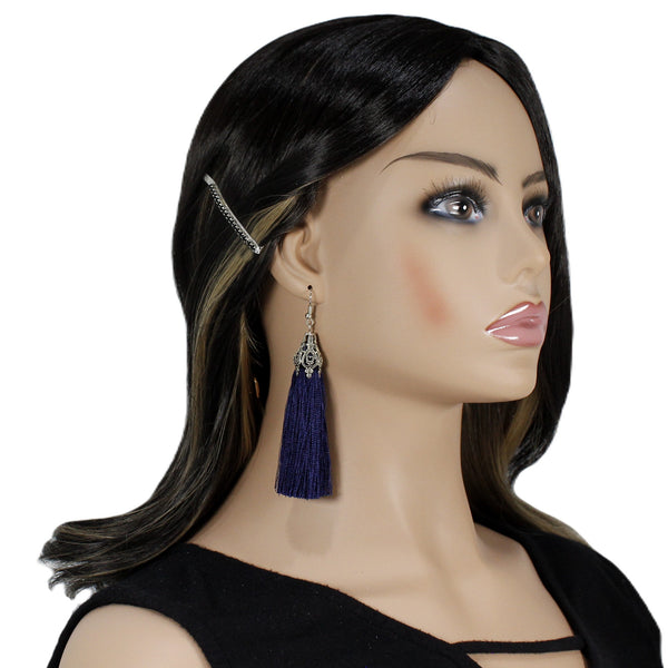 Dark blue long tassel earrings