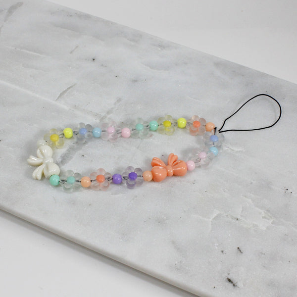 Pastel Floral Beaded Phone Strap with Bows – Cute Wristlet Accessory for Women