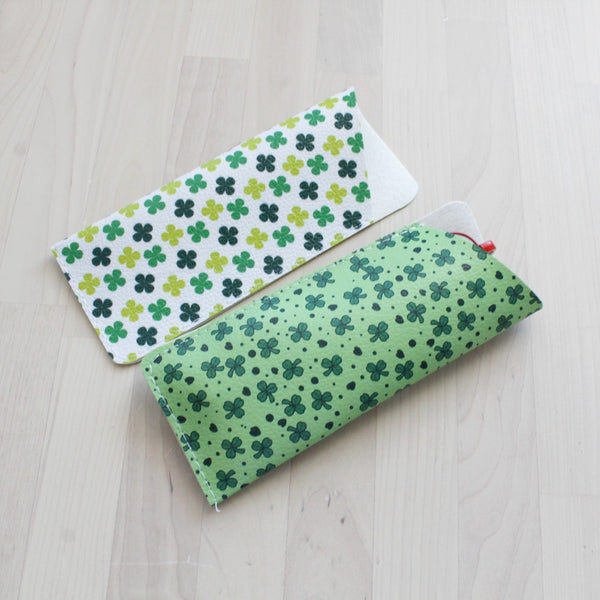 Lucky clover shamrock green and white eyeglasses pouch