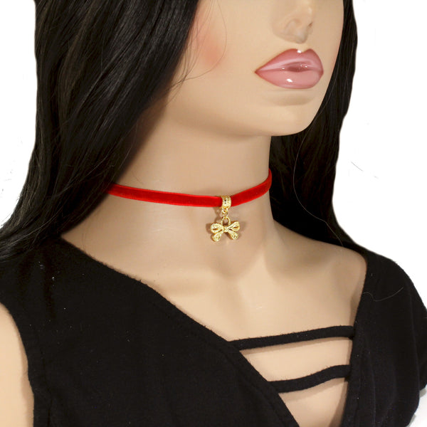 Velvet choker necklace with golden bow charm