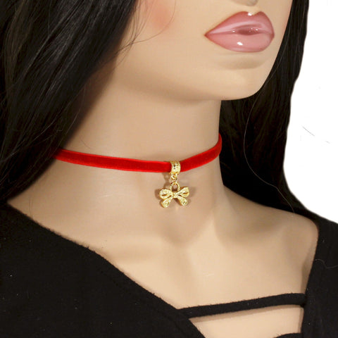 Velvet choker necklace with golden bow charm