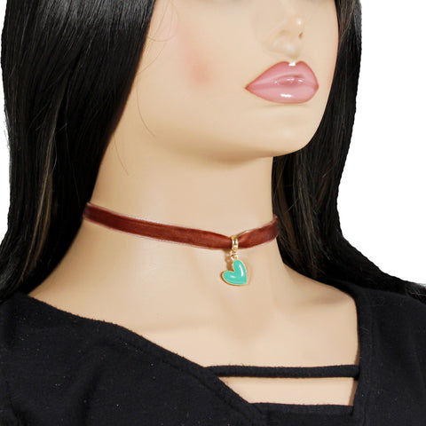 Chocolate brown velvet choker with heart pendant charm for woman