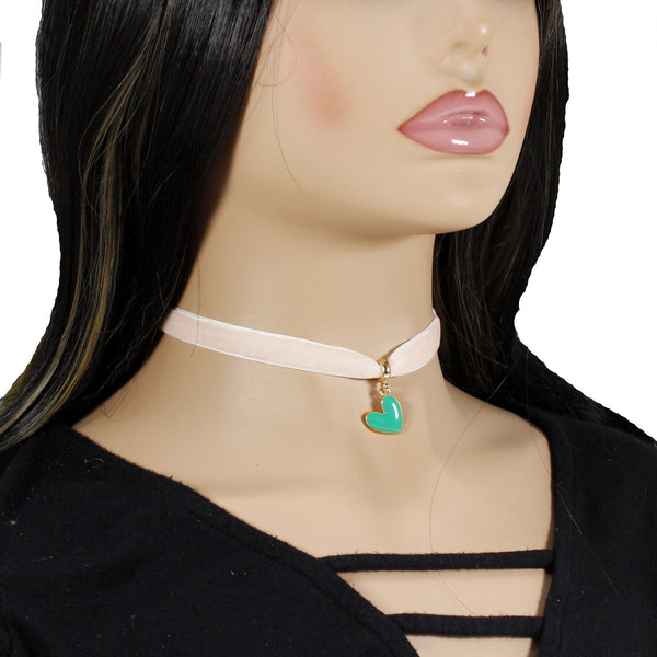 Pastel pink velvet choker with heart pendant charm for woman