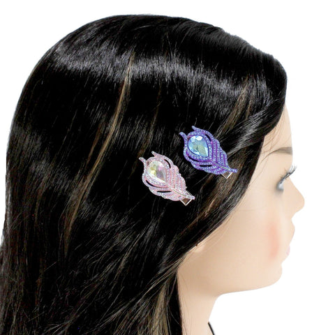 Set of 2 crystal feather mini alligator hair clips