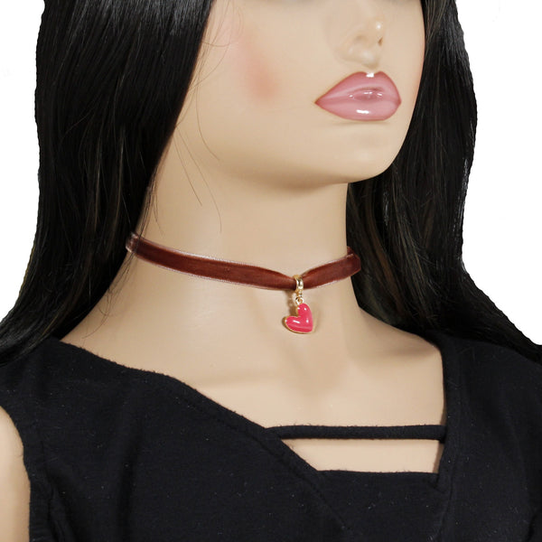 Chocolate brown velvet choker with heart pendant charm for woman