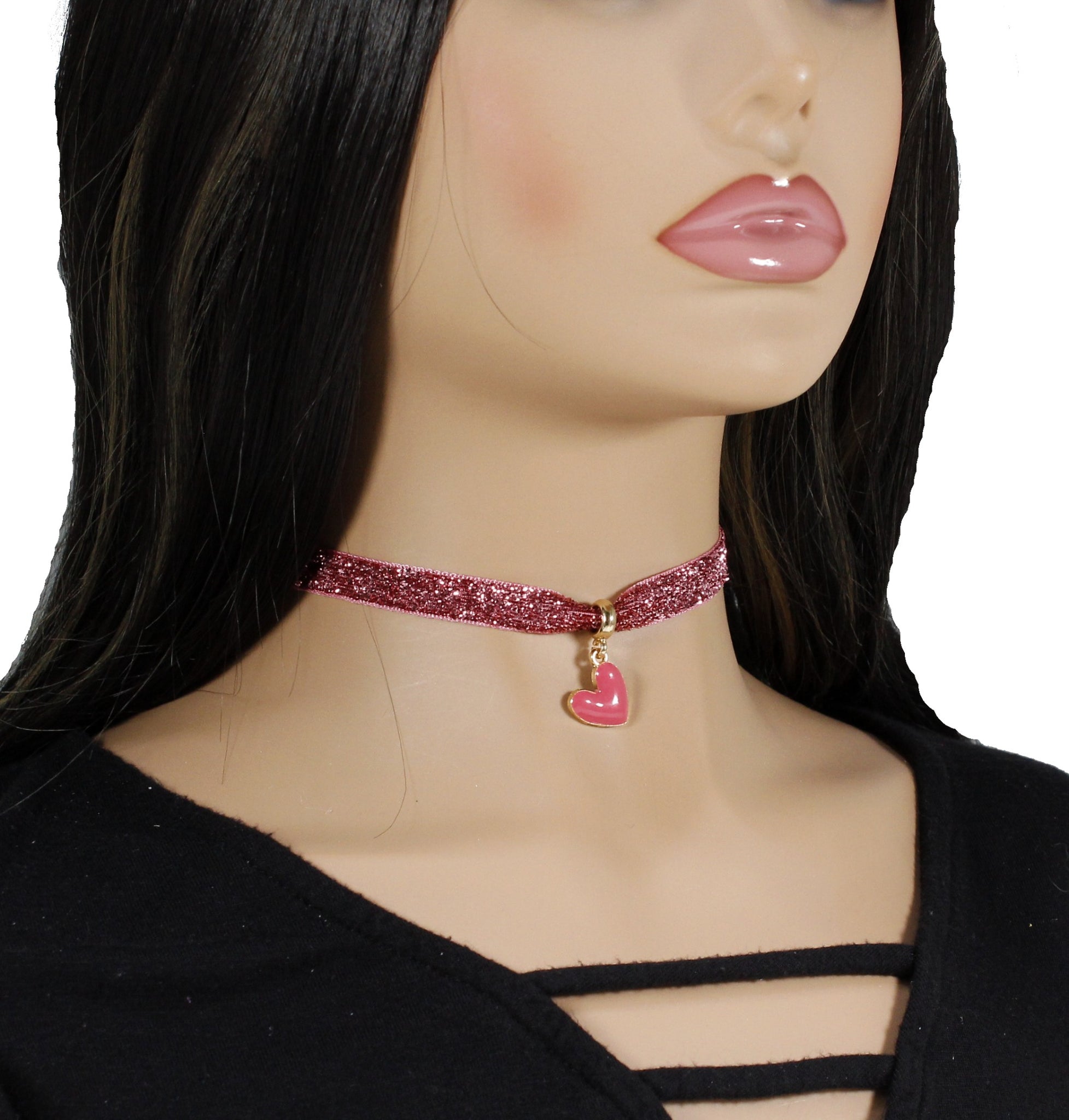 Shiny pink velvet choker with heart pendant charm for woman