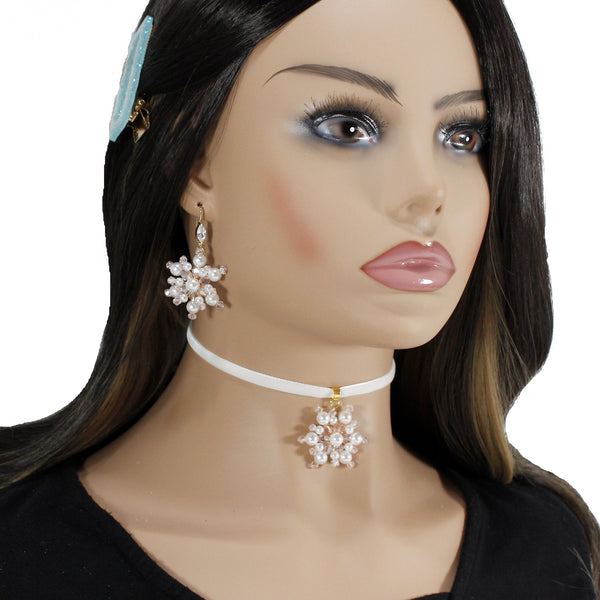 Enchantment white snowflake jewelry set - choker necklace with charm and earrings