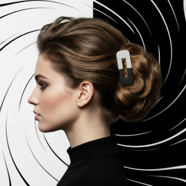 A side-profile portrait of a woman with styled brown hair in an updo, wearing a rectangular hair claw clip with a white pearl top and black bottom, set against a black-and-white abstract spiral background.