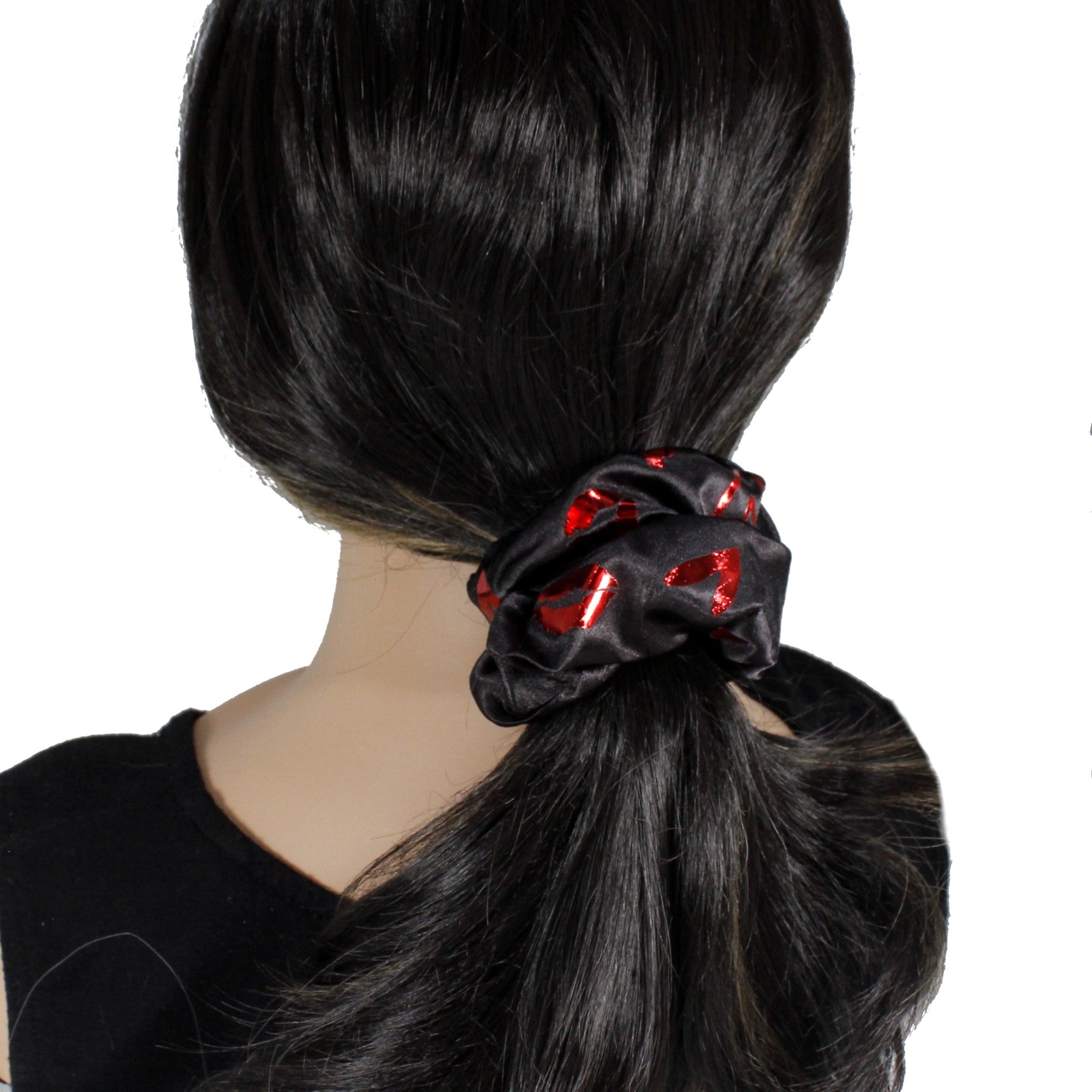 silky satin scrunchie with heart and leaps pattern for thick hair woman or girls