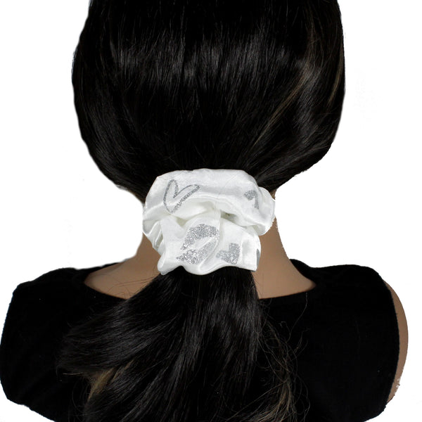 silky satin scrunchie with heart and leaps pattern for thick hair woman or girls