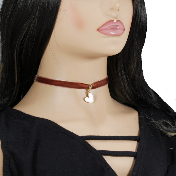 Chocolate brown velvet choker with heart pendant charm for woman