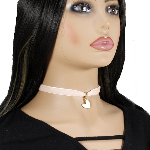 Pastel pink velvet choker with heart pendant charm for woman