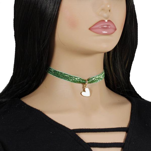 Shiny green velvet choker with heart pendant charm for woman