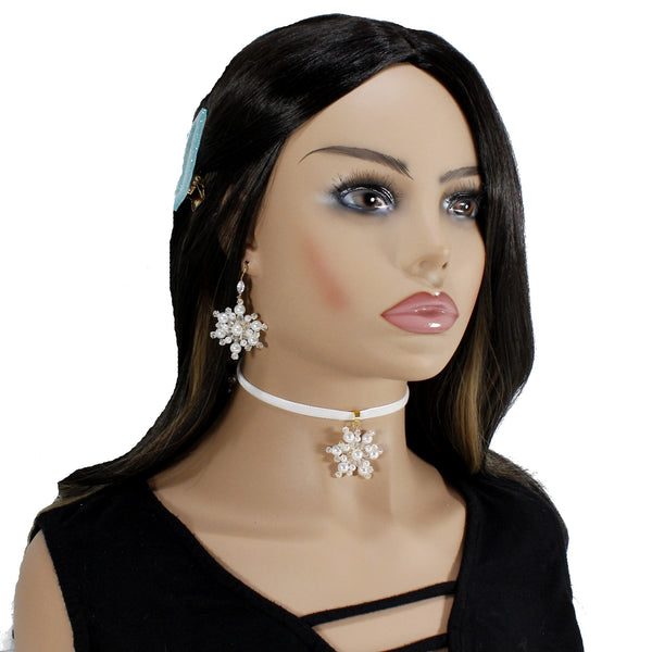 Enchantment white snowflake jewelry set - choker necklace with charm and earrings