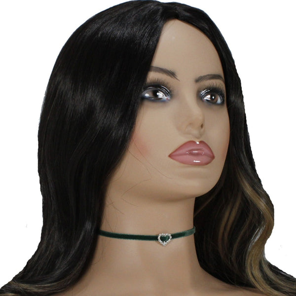 petite green choker necklace with silver heart