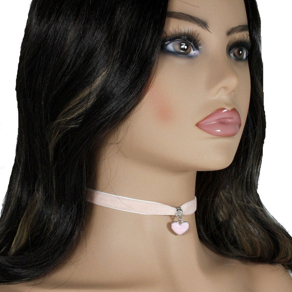 Pastel pink velvet choker with pink heart pendant charm for woman