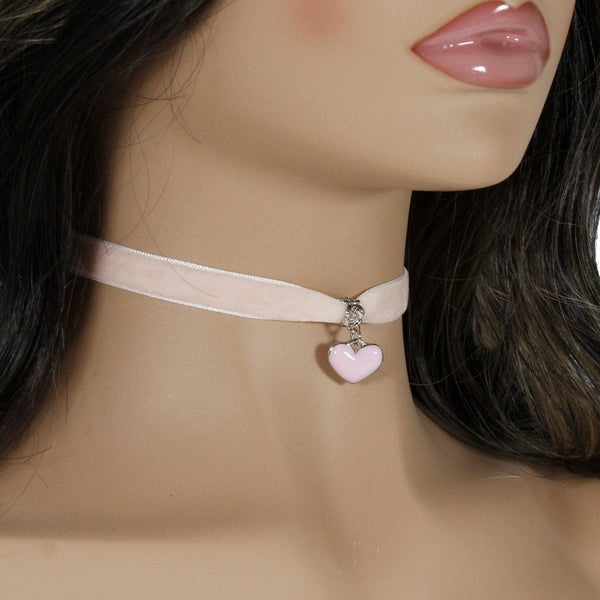 Pastel pink velvet choker with pink heart pendant charm for woman