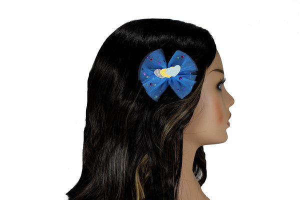 Blue bow hair clip with hearts for girls