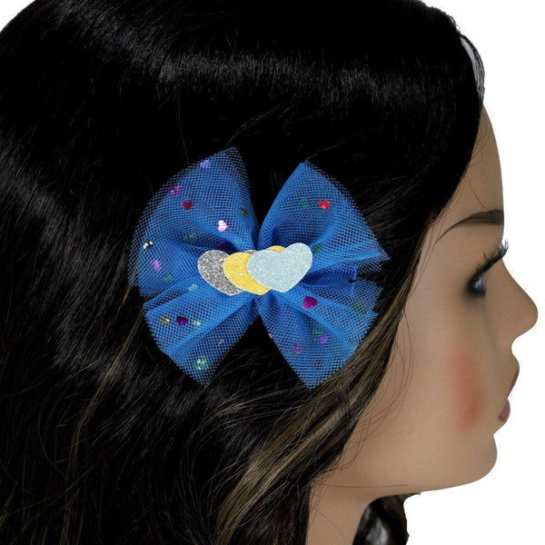 Blue bow hair clip with hearts for girls