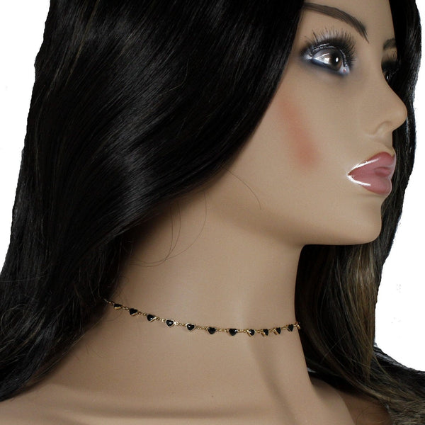 Intricate 18K gold plated choker necklace with petite black hearts