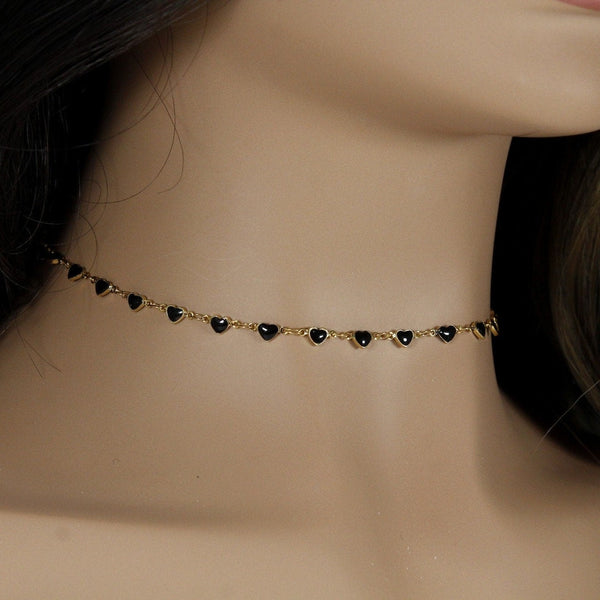 Intricate 18K gold plated choker necklace with petite black hearts