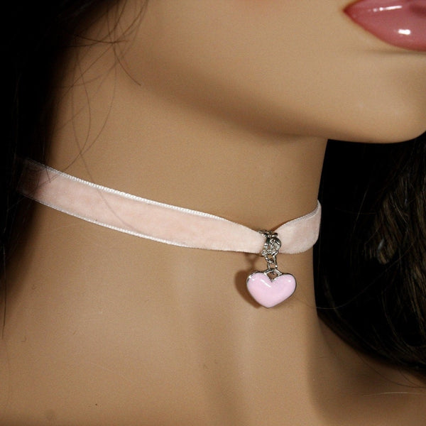 Pastel pink velvet choker with pink heart pendant charm for woman