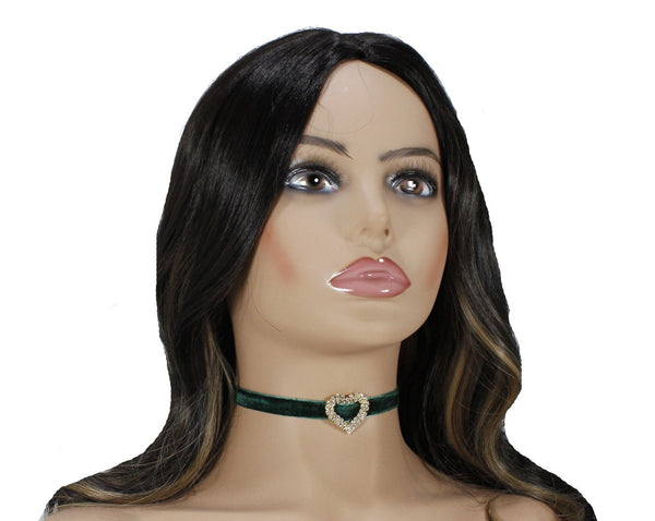 Emerald green velvet choker with rhinestone gold/silver heart pendant charm for woman