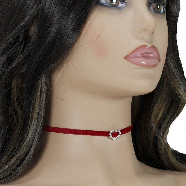 Petite red choker necklace for woman with a rhinestone heart charm