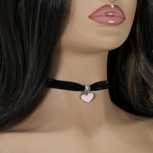 Shiny black velvet choker with pastel pink heart pendant charm for woman