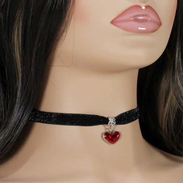 Shiny black velvet choker with red heart pendant charm for woman